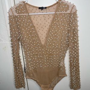 Fashion nova tan pearl embroidered bodysuit .